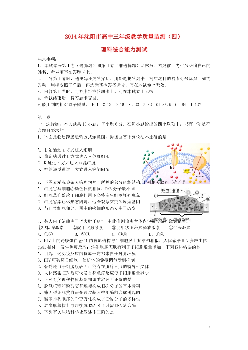 辽宁省沈阳市2014届高三理综教学质量监测（四）试题新人教版.doc_第1页