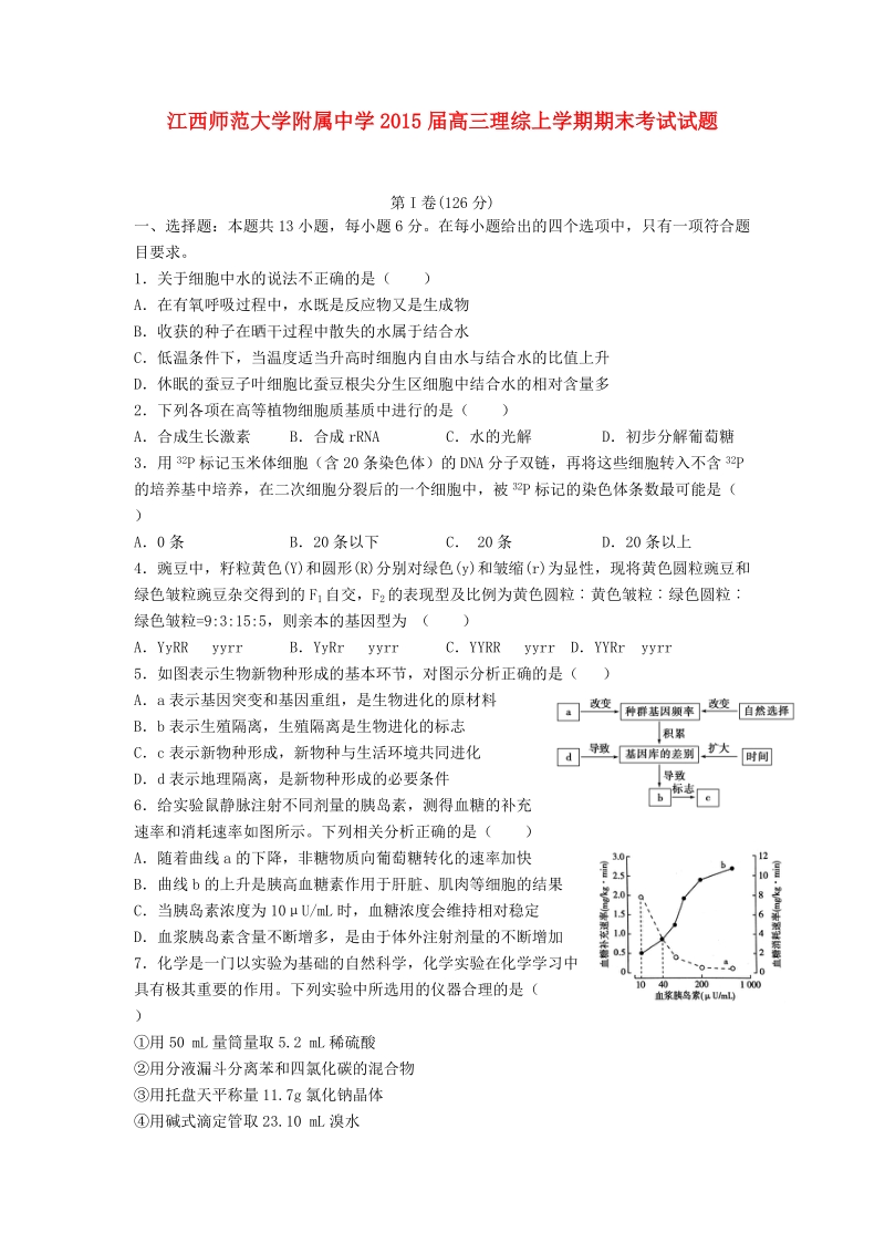 江西师范大学附属中学2015届高三理综上学期期末考试试题.doc_第1页