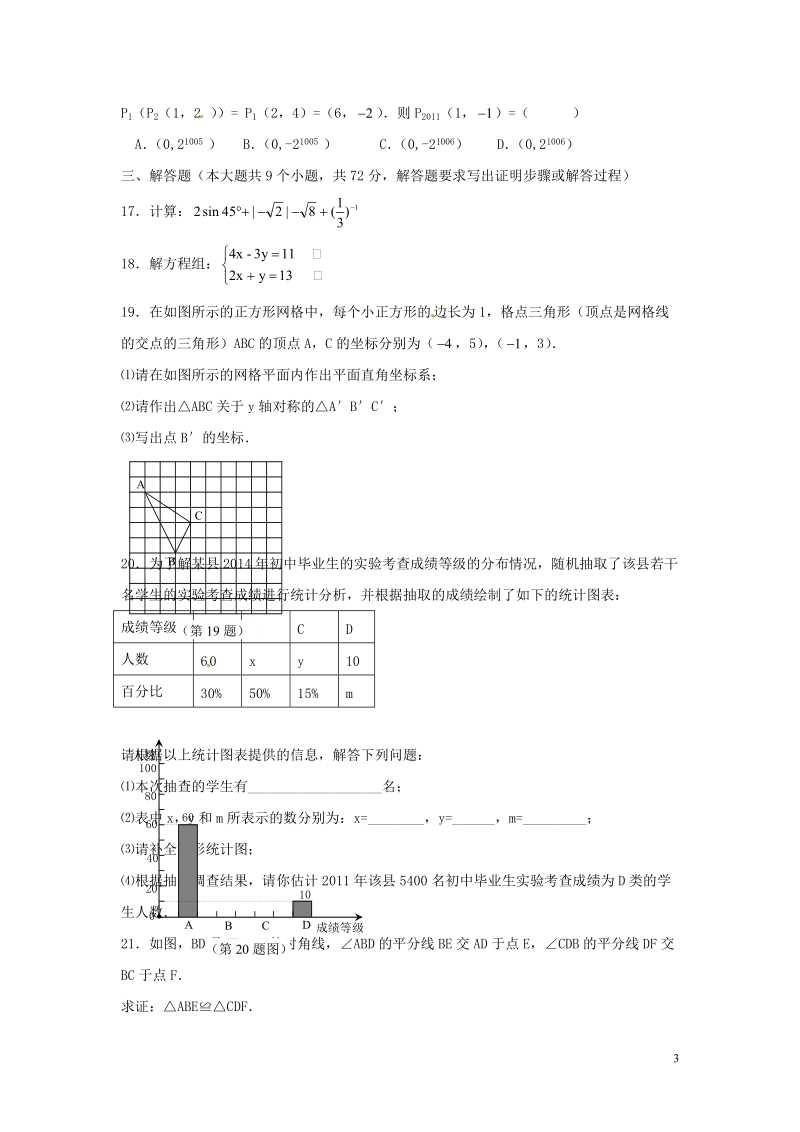 祁阳县2014年初中数学学业水平考试模拟试卷（27）（无答案）.doc_第3页