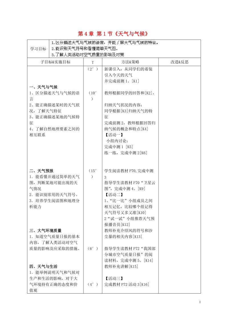 长沙市麓山国际实验学校2014-2015学年七年级地理上册 第4章 第1节《天气与气候》学案 湘教版.doc_第1页