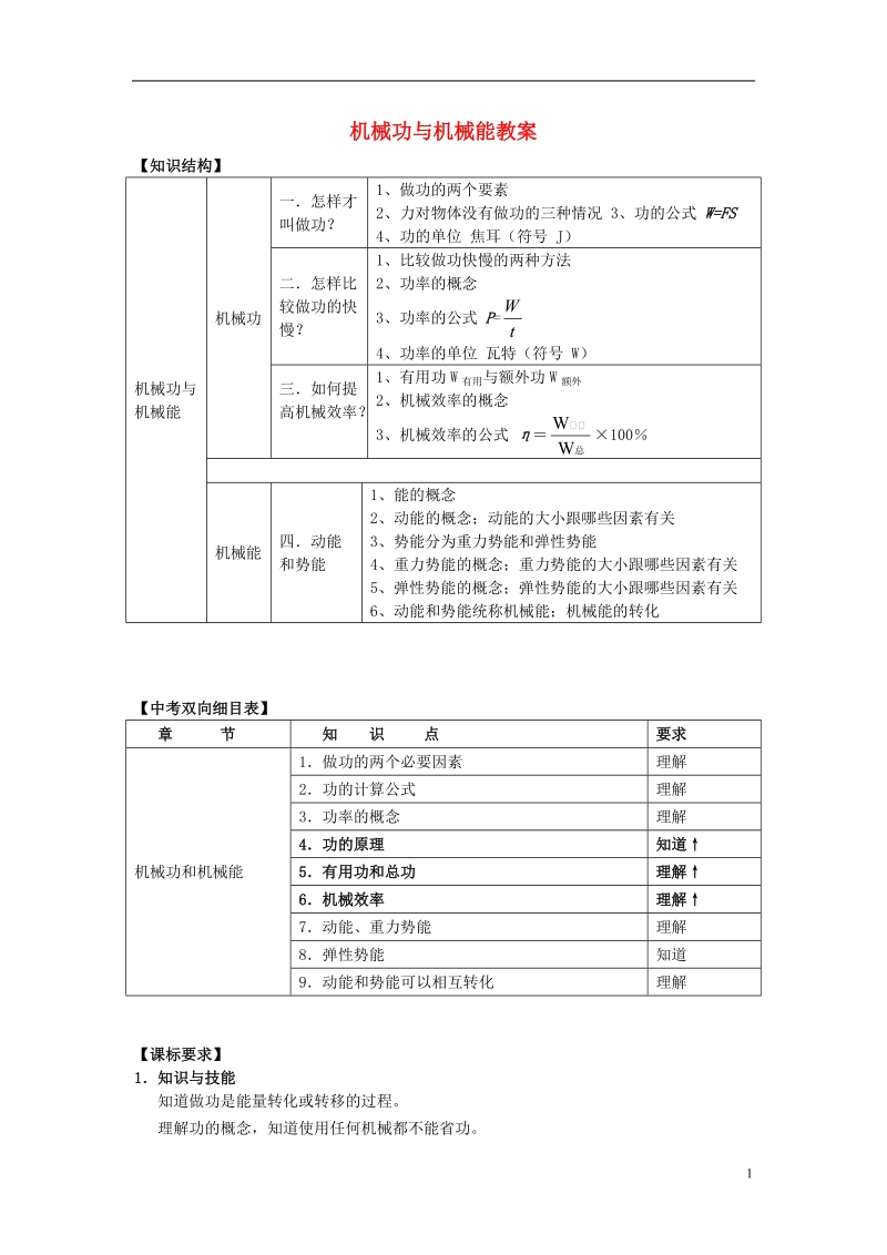 江西省吉安县凤凰中学八年级物理上册 机械功与机械能教案.doc_第1页