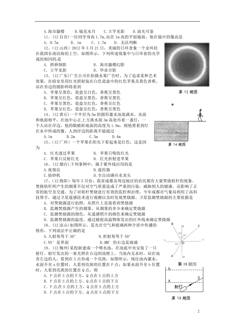 湖北省荆门市钟祥市兰台中学八年级物理上册 第四章《光现象》综合测试题（无答案） 人教版.doc_第2页