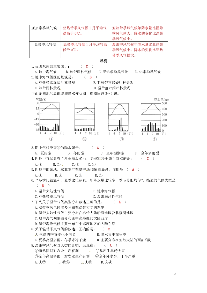 长沙市麓山国际实验学校2014-2015学年七年级地理上册 第4章 第4节《世界主要气候类型》流程性检测单2 湘教版.doc_第2页