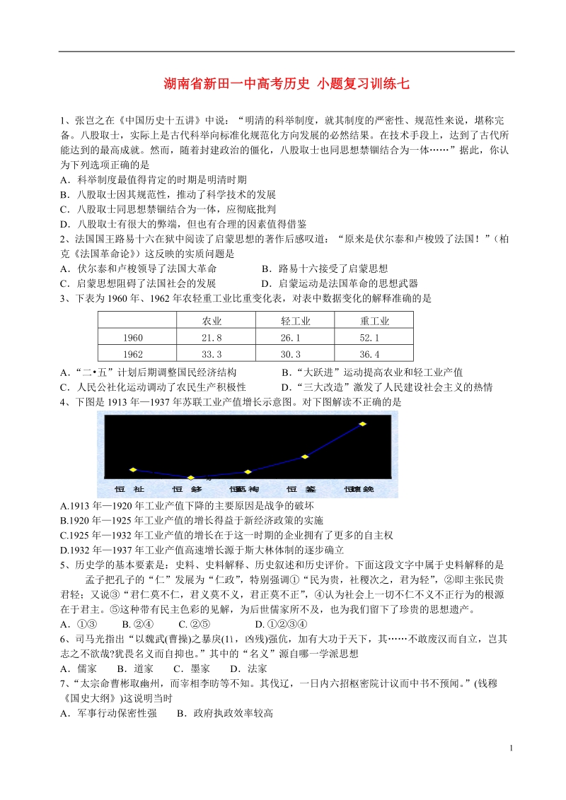 湖南省新田一中高考历史 小题复习训练七.doc_第1页