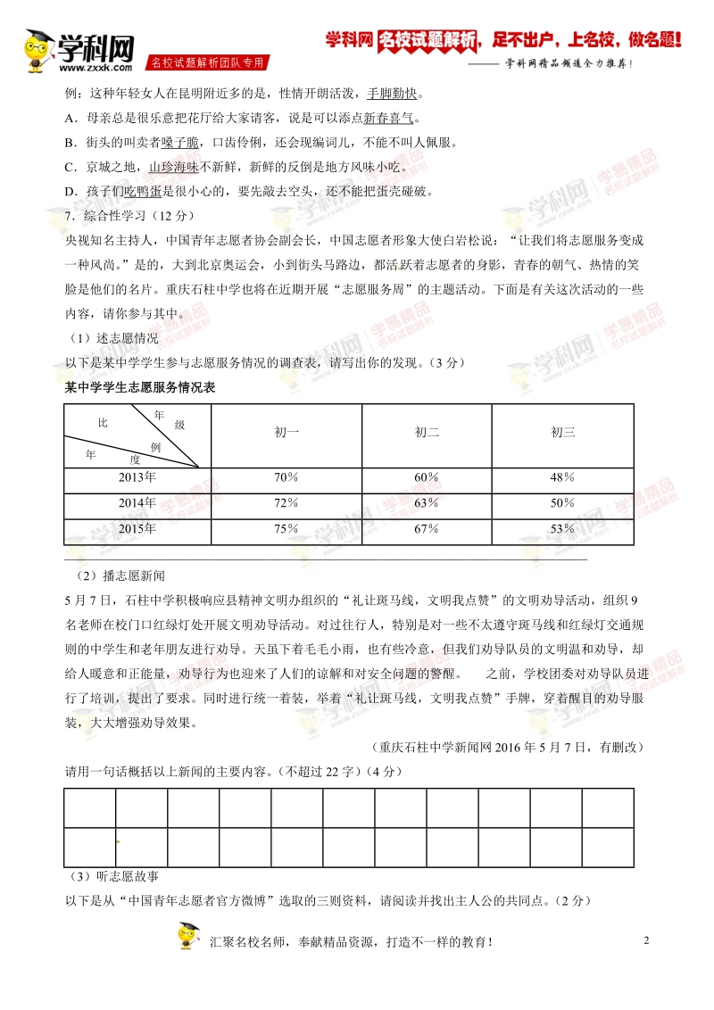 精品解析：重庆市石柱中学2015-2016学年八年级下学期第二次月考语文试题解析（原卷版）.doc_第2页