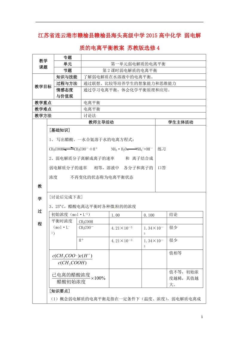 连云港市赣榆县赣榆县海头高级中学2015高中化学 弱电解质的电离平衡教案 苏教版选修4.doc_第1页