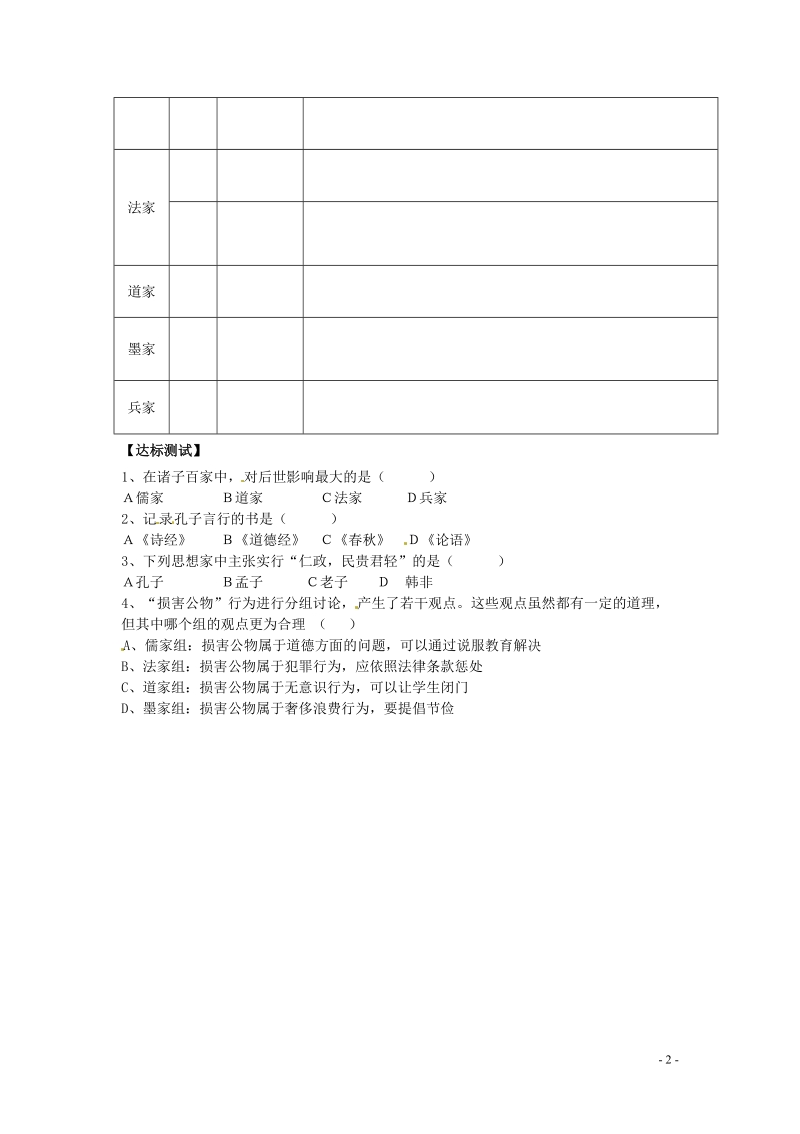 长治第八中学七年级历史上册 第21课 诸子百家学案（无答案） 华东师大版.doc_第2页