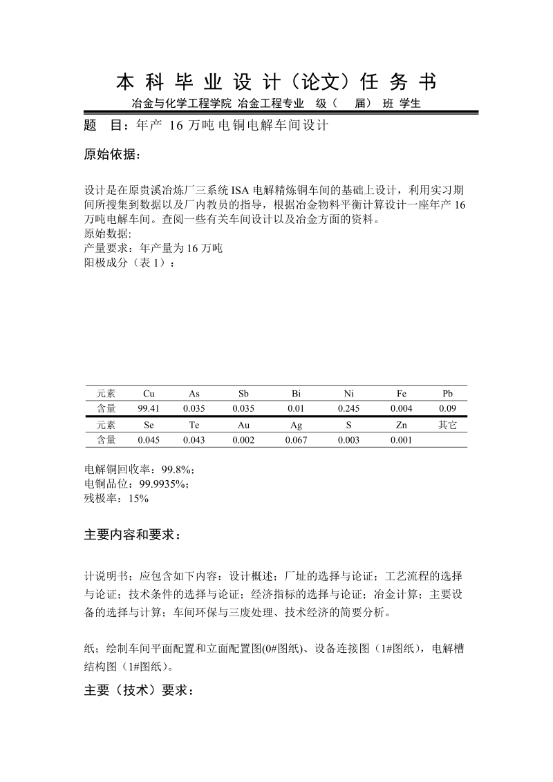 年产16万吨铜电解车间设计本科毕业设计(论文)任务书.docx_第1页