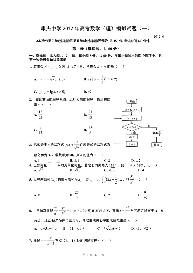 山西省康杰中学2012届高三高考模拟试题(一)数学理.doc_第1页