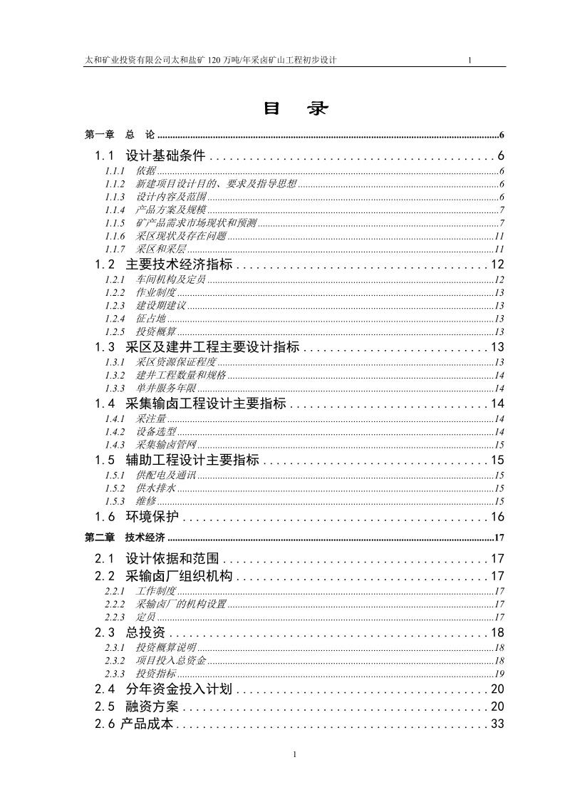 太和盐矿120万吨年采卤矿山工程初步设计及可行性研究报告.doc_第1页