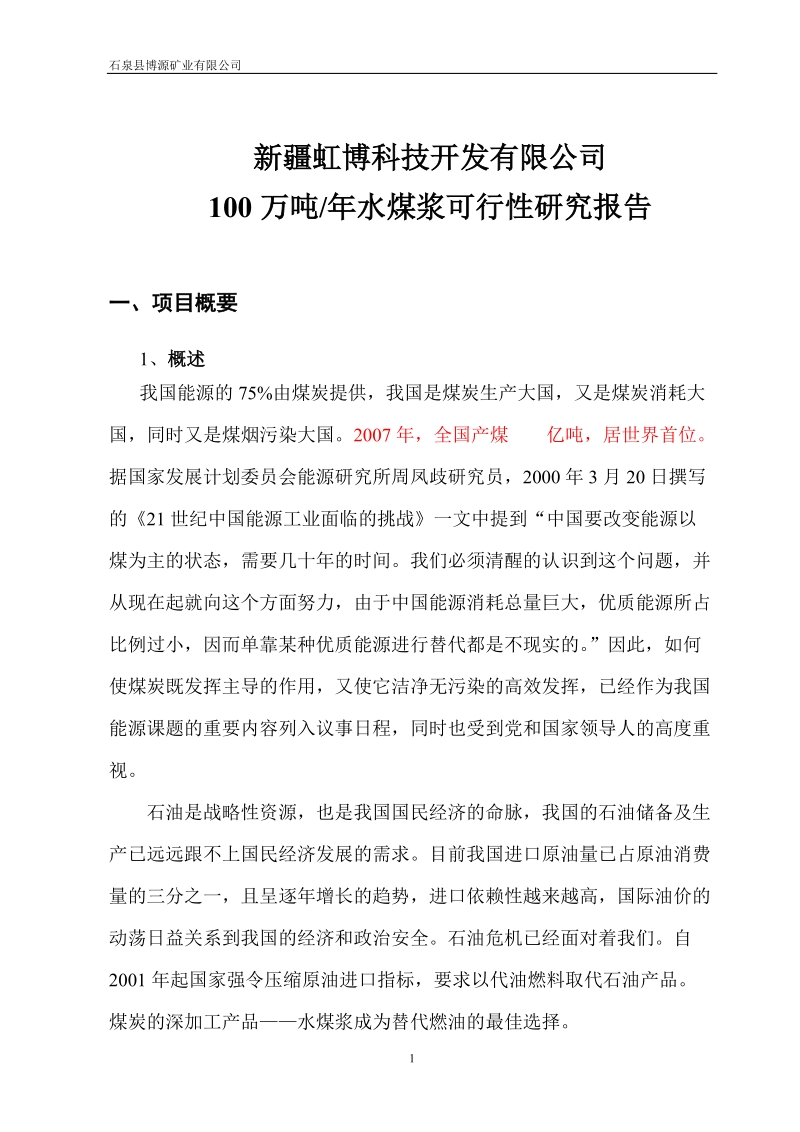 年产10万吨水浆煤项目可行性研究报告.doc_第1页