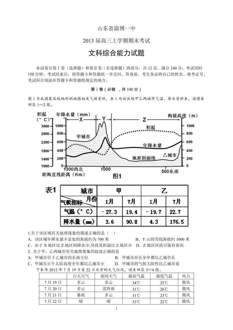 山东省2013届高考模拟文综.doc_第1页