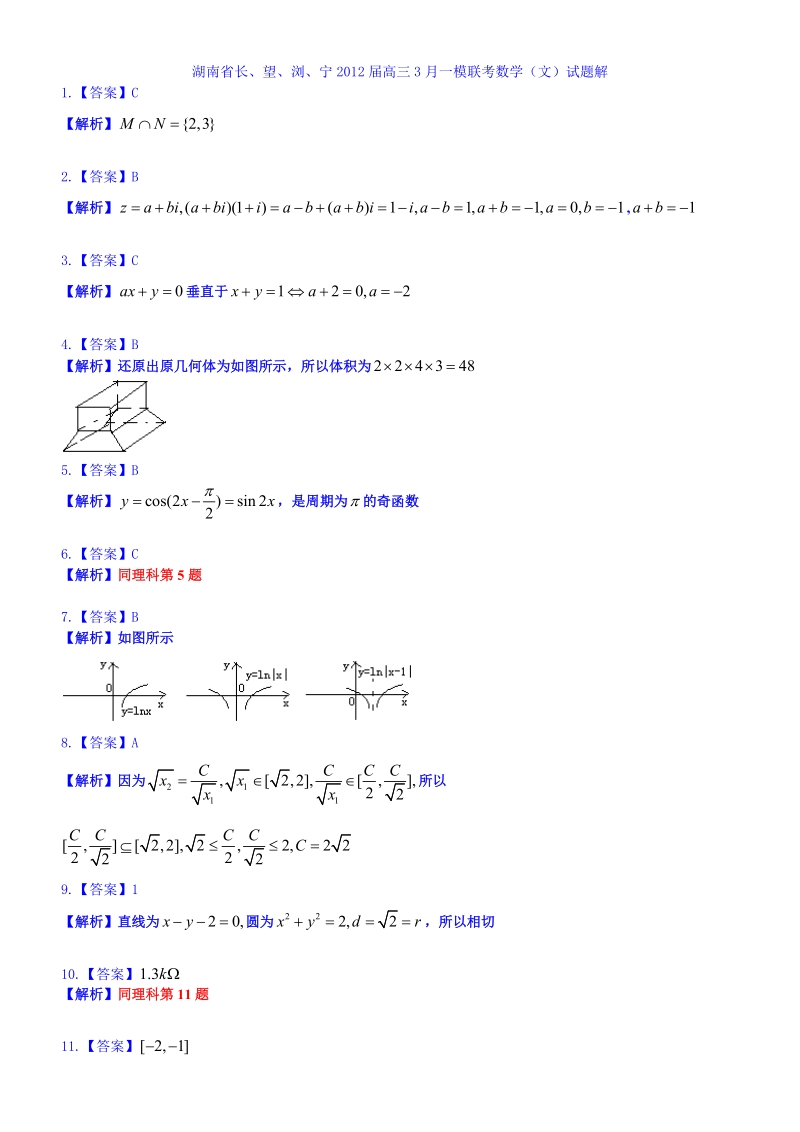 湖南省长、望、浏、宁2012届高三3月一模联考数学(文)试题解析.doc_第1页