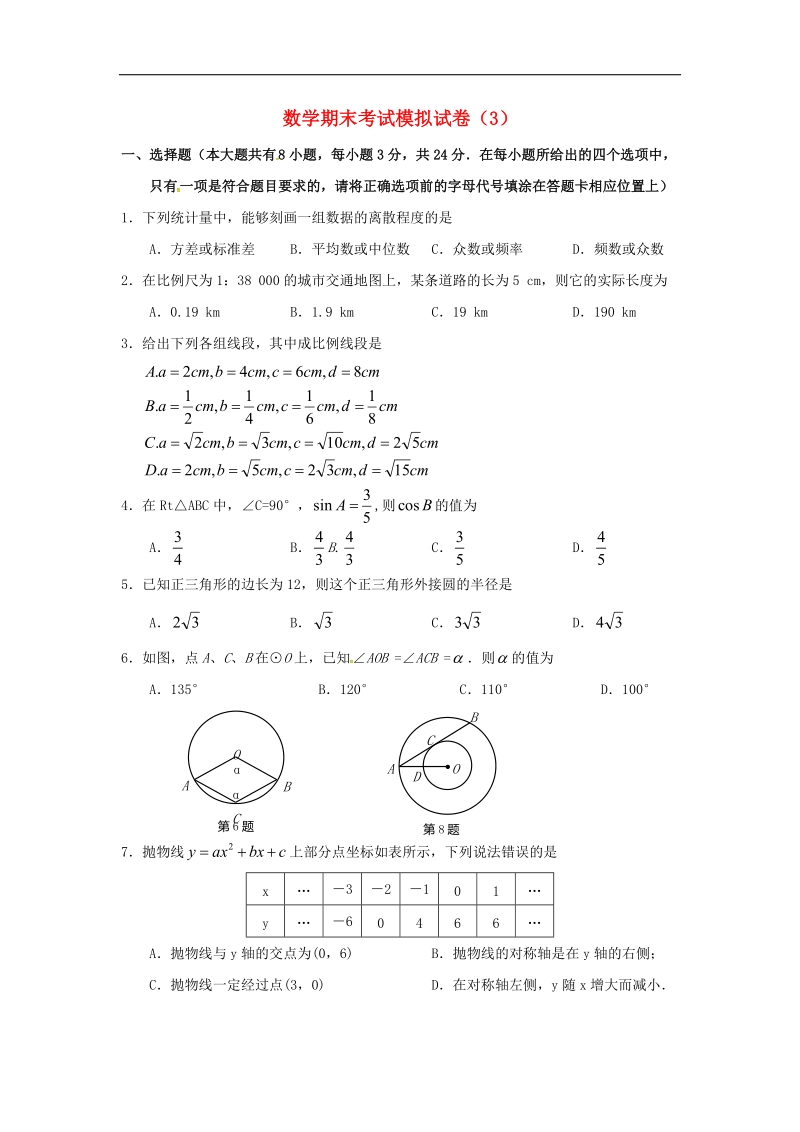 江苏省射阳县合德镇2018年九年级数学上学期期末考试模拟试卷（无答案）苏科版.doc_第1页