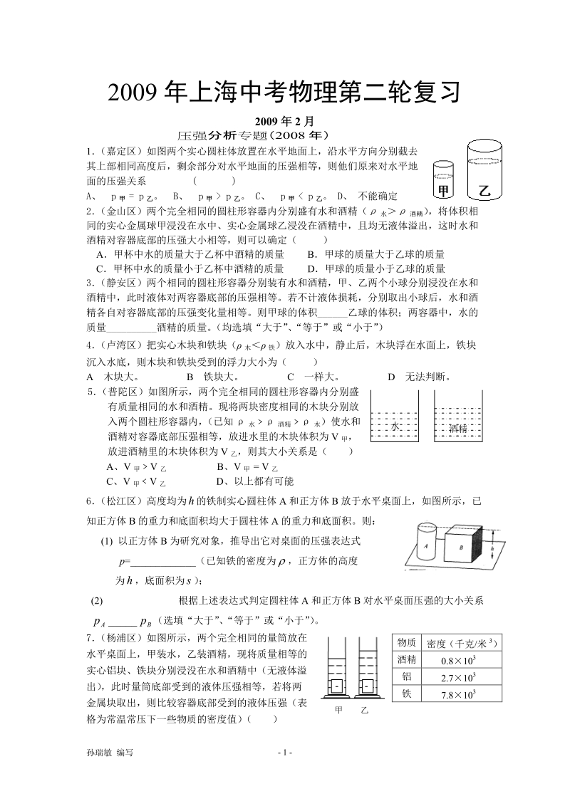 2008年中考模拟考试-压强分析专题.doc_第1页