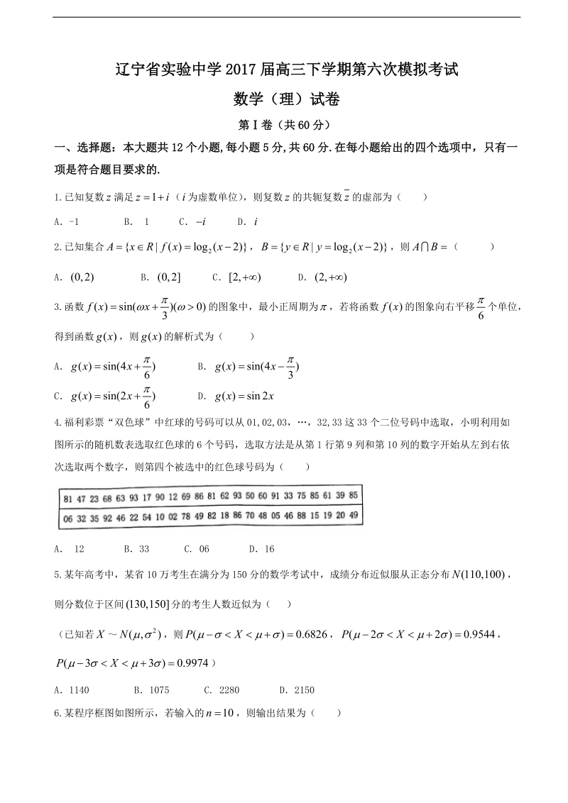 2017年辽宁省实验中学高三下学期第六次模拟考试数学（理）试题.doc_第1页