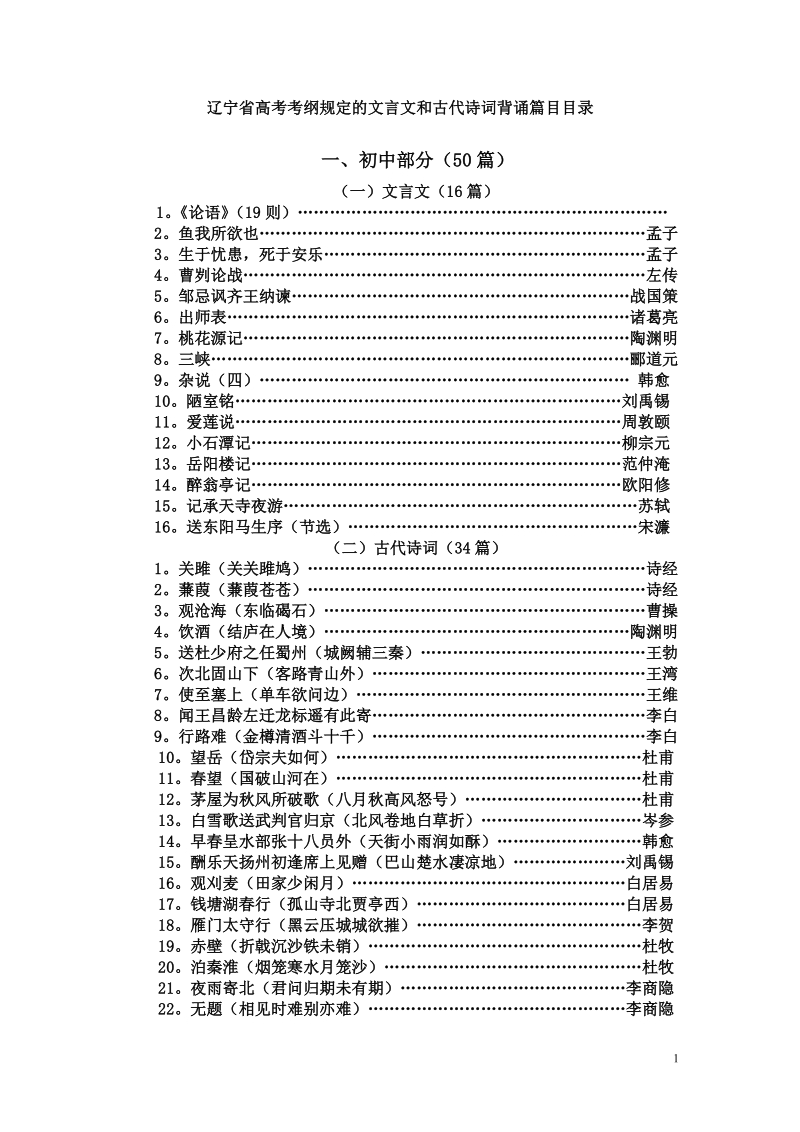 2010年辽宁省高考必背古诗文64篇.doc_第1页