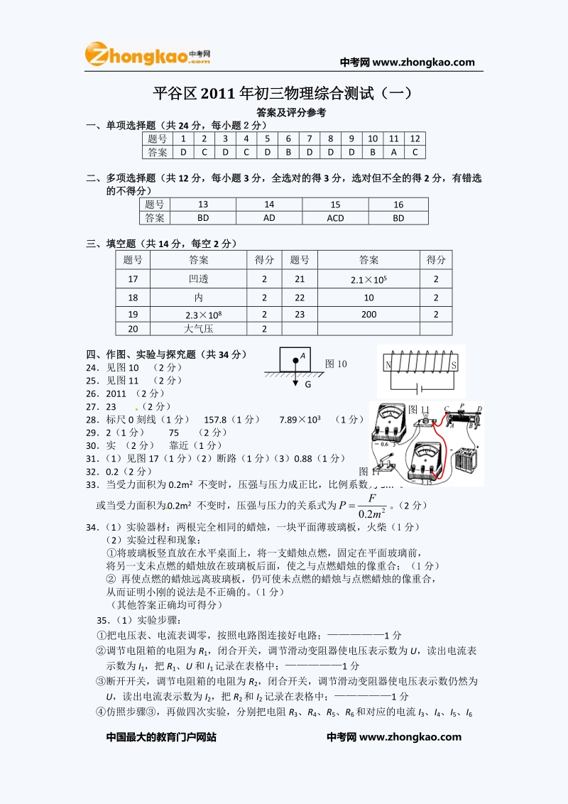 2011年北京平谷初三一模物理试题答案.doc_第1页