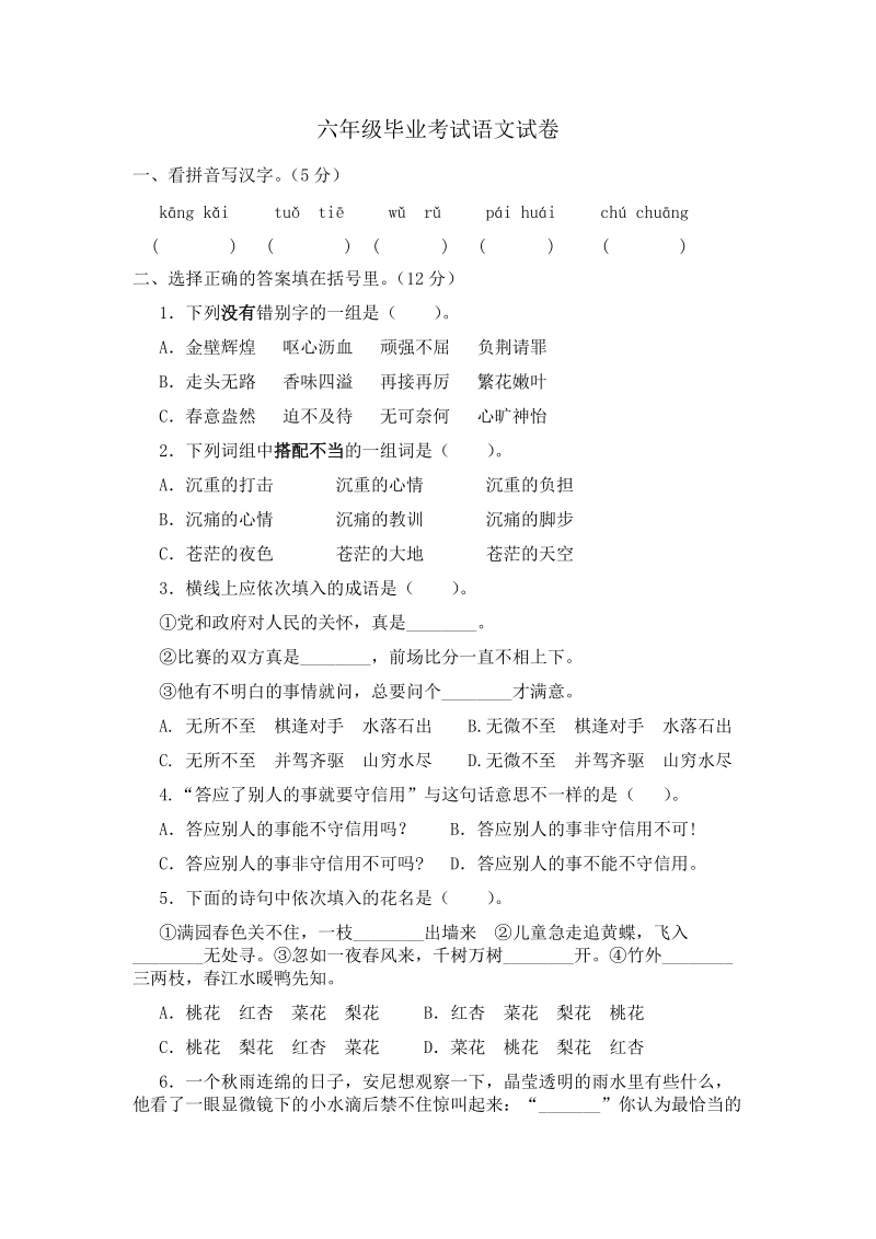 六年级毕业语文试卷.doc_第1页