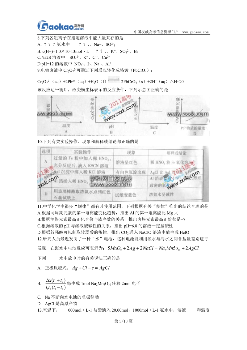 2011年全国统一考试理科综合试卷(安徽卷).doc_第3页