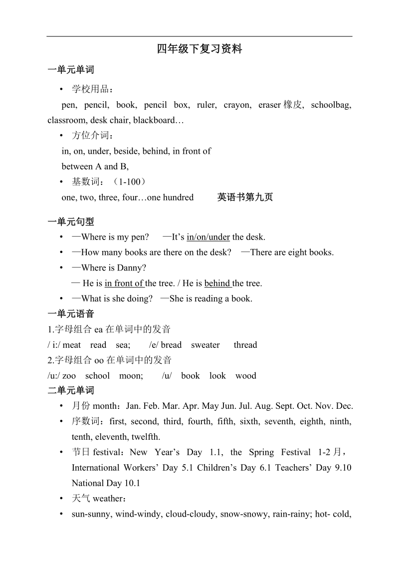 小学英语四年级下复习材料.doc_第1页