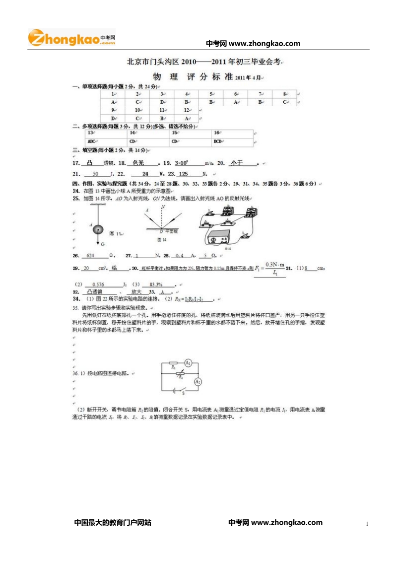 2011年北京门头沟初三一模物理试题答案.doc_第1页