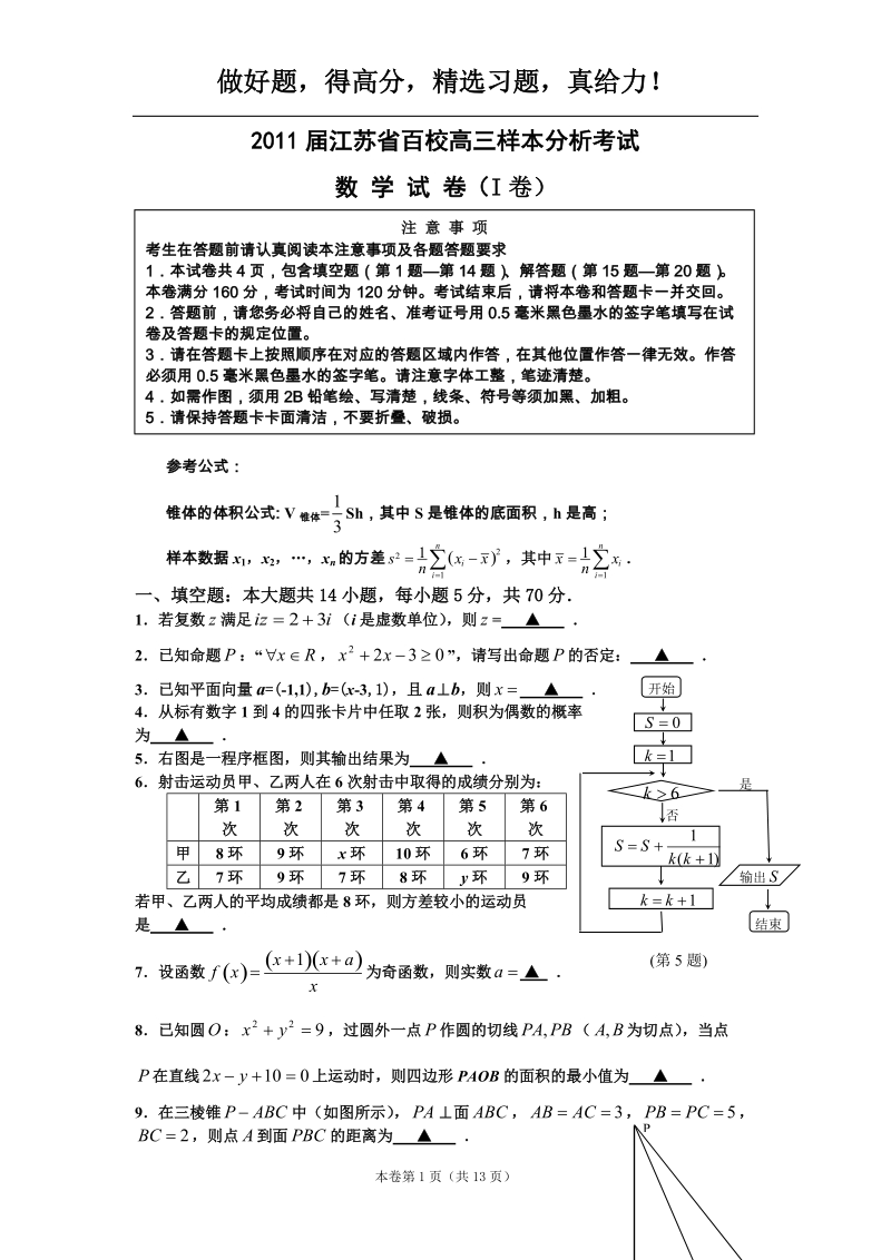 2011届江苏省百校高三样本分析考试_数学.doc_第1页