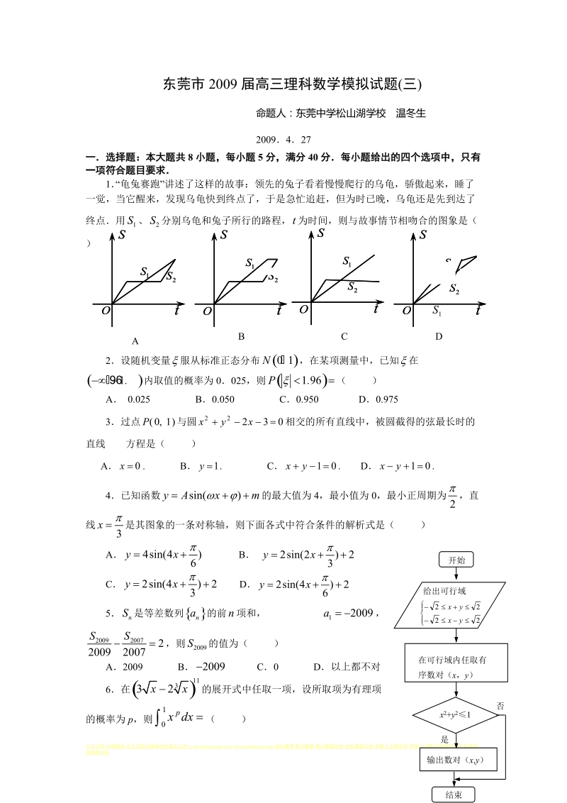 东莞市2009届高三理科数学模拟试题(三).doc_第1页