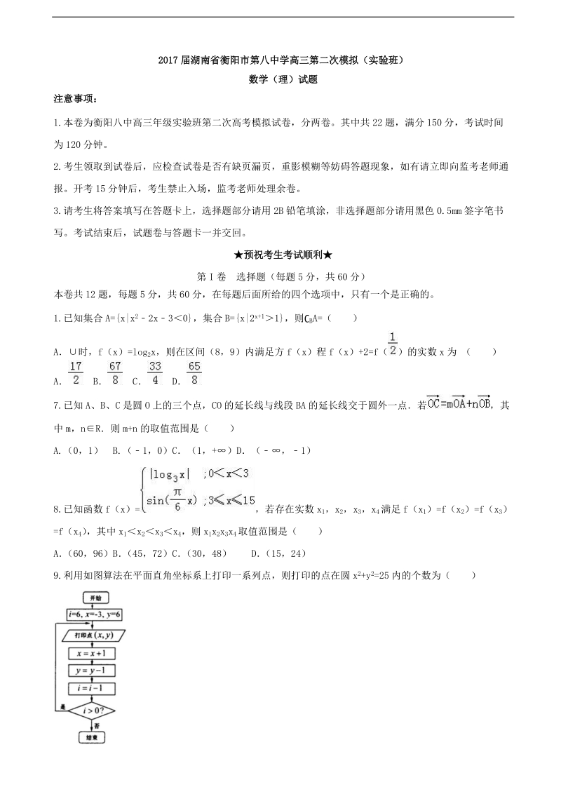 2017年湖南省衡阳市第八中学高三第二次模拟（实验班）数学（理）试题.doc_第1页