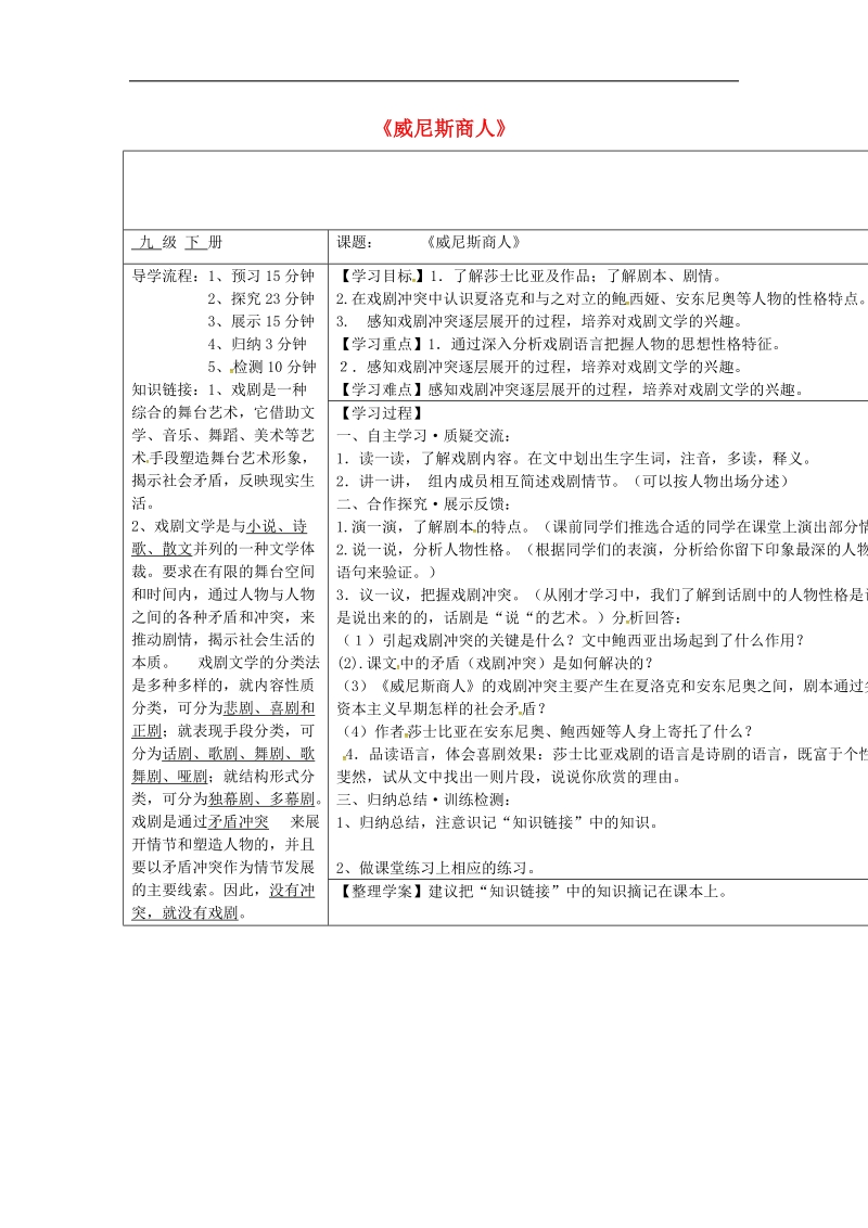 广西蒙山县2018年九年级语文下册13威尼斯商人导学案（无答案）（新版）新人教版.doc_第1页