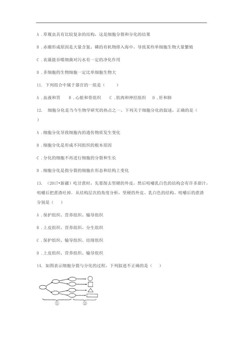 2018年七年级生物上册第二单元第二章细胞怎样构成生物体练习题（无答案）（新版）新人教版.doc_第3页