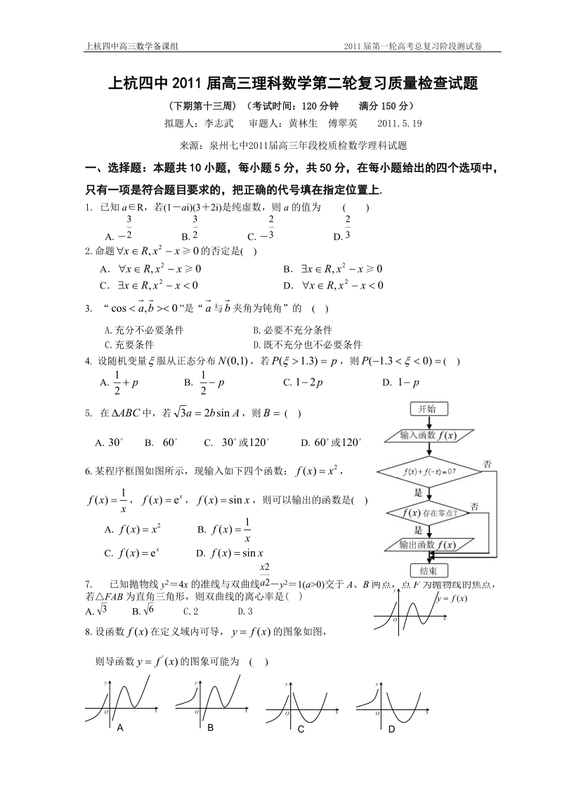 2011届第一轮高考总复习数学理科周考测试卷(下期第十三周2).doc_第1页