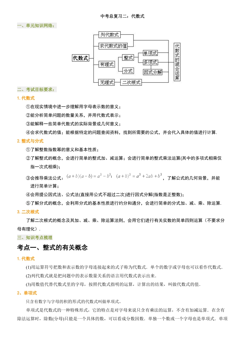 2012中考数学复习专题二：代数式.docx_第1页