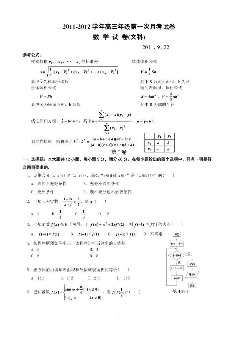 2011年高三数学第一次月考考试文科.doc_第1页