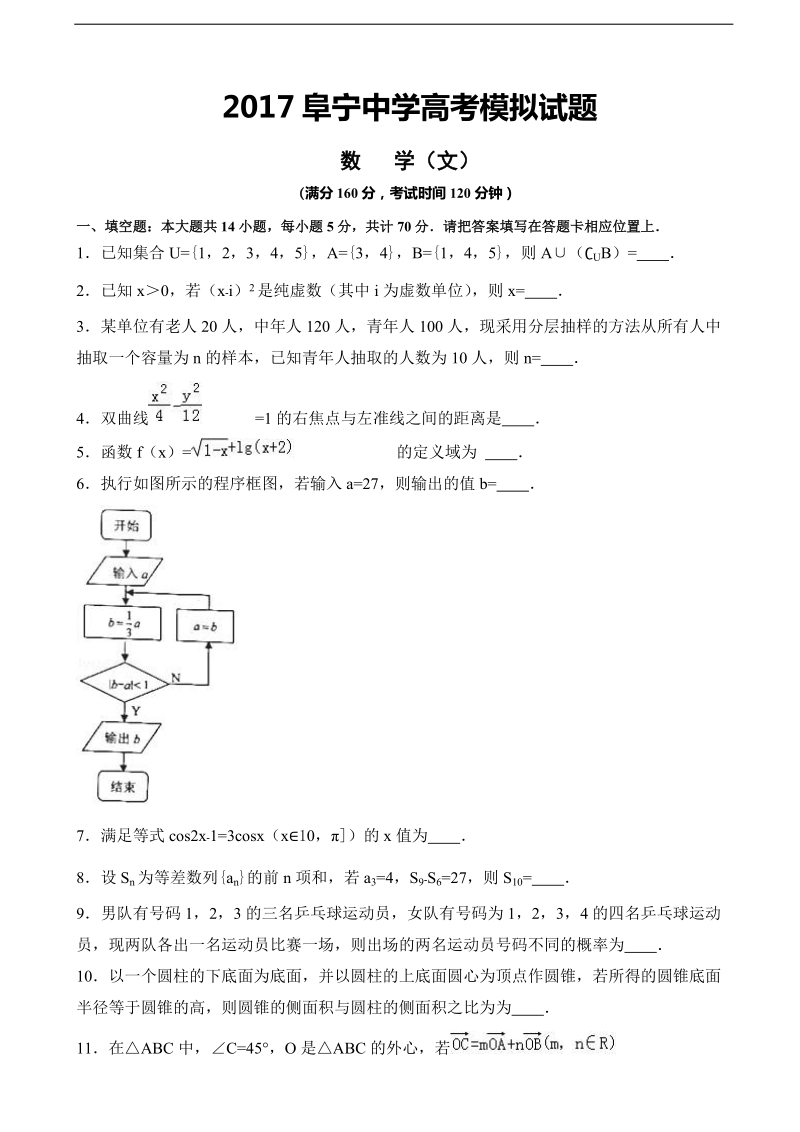 2017年江苏省盐城市阜宁中学高三下学期模拟考试（5月） 数学（文）(解析版).doc_第1页