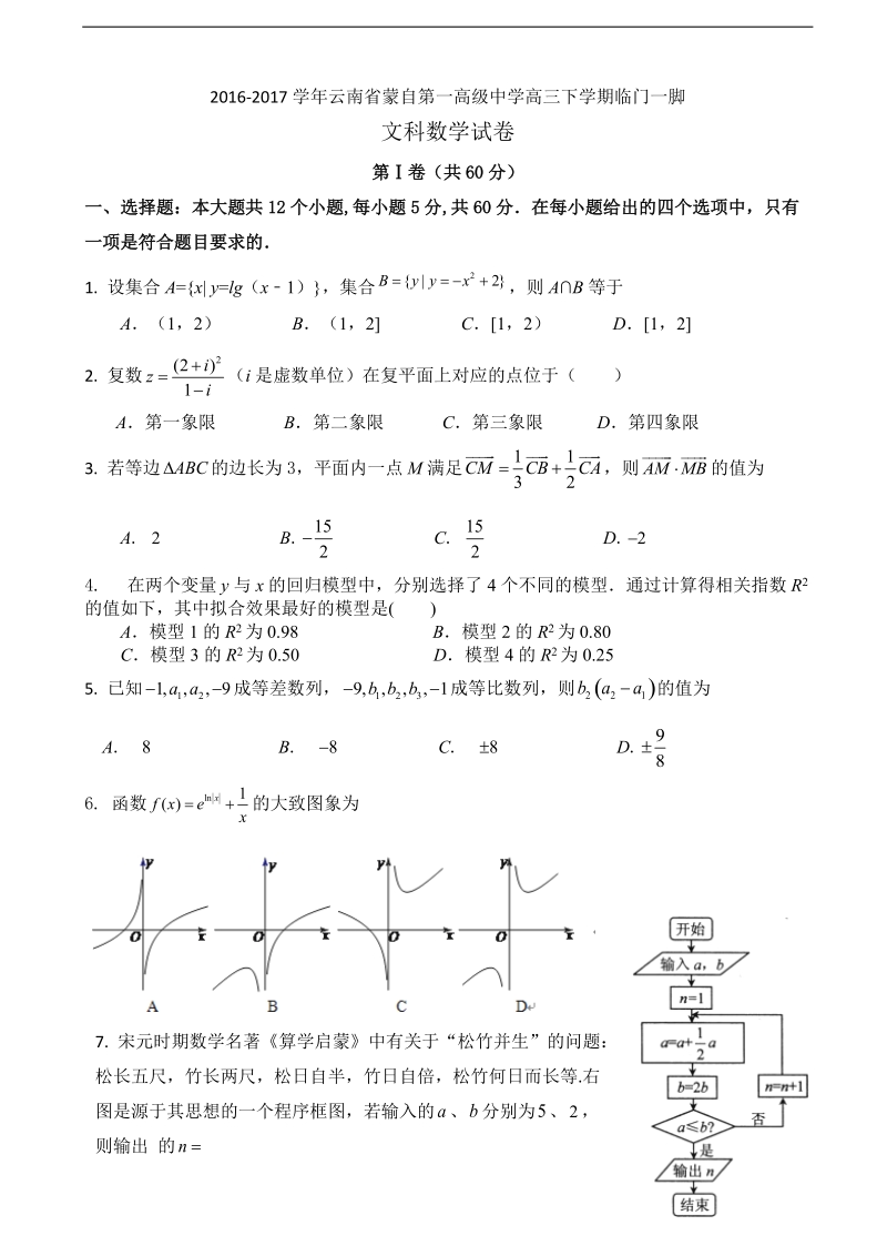 2017年云南省蒙自一中高三下学期临门一脚文科数学试卷.doc_第1页