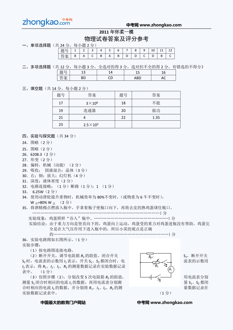 2011怀柔中考一模物理试题答案.doc_第1页