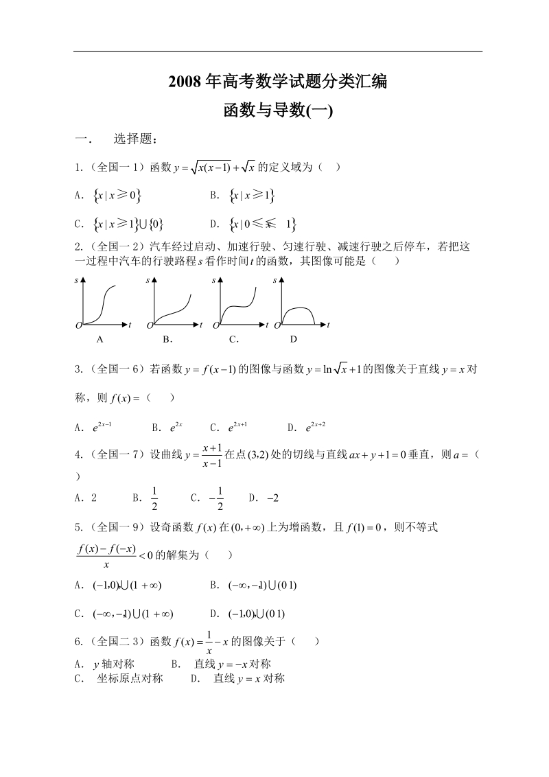 2008年高考数学试题分类汇编——函数与导数(一).doc_第1页