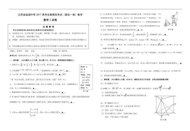 2017年江苏省盐城中学高考全真模拟考试（最后一卷）数学.doc_第1页