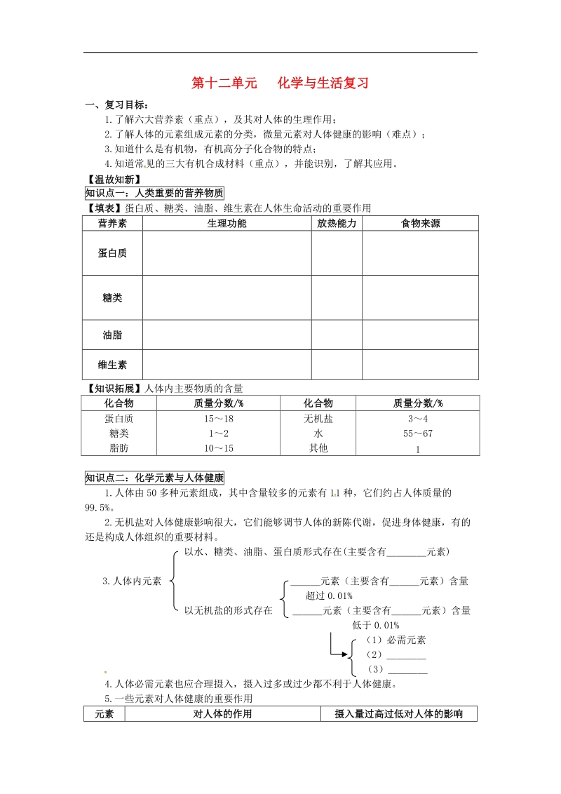 吉林省汪清县2018年九年级化学下册第十二单元化学与生活复习导学案（无答案）（新版）新人教版.doc_第1页