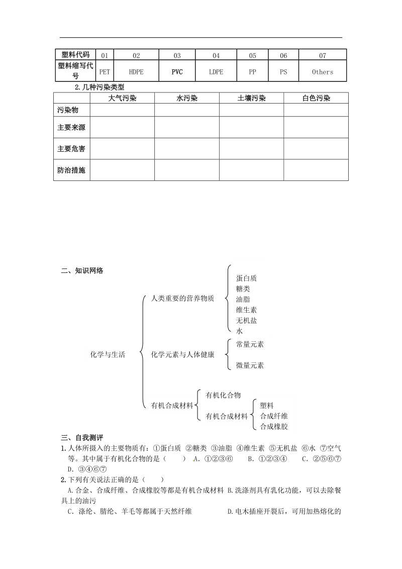 吉林省汪清县2018年九年级化学下册第十二单元化学与生活复习导学案（无答案）（新版）新人教版.doc_第3页