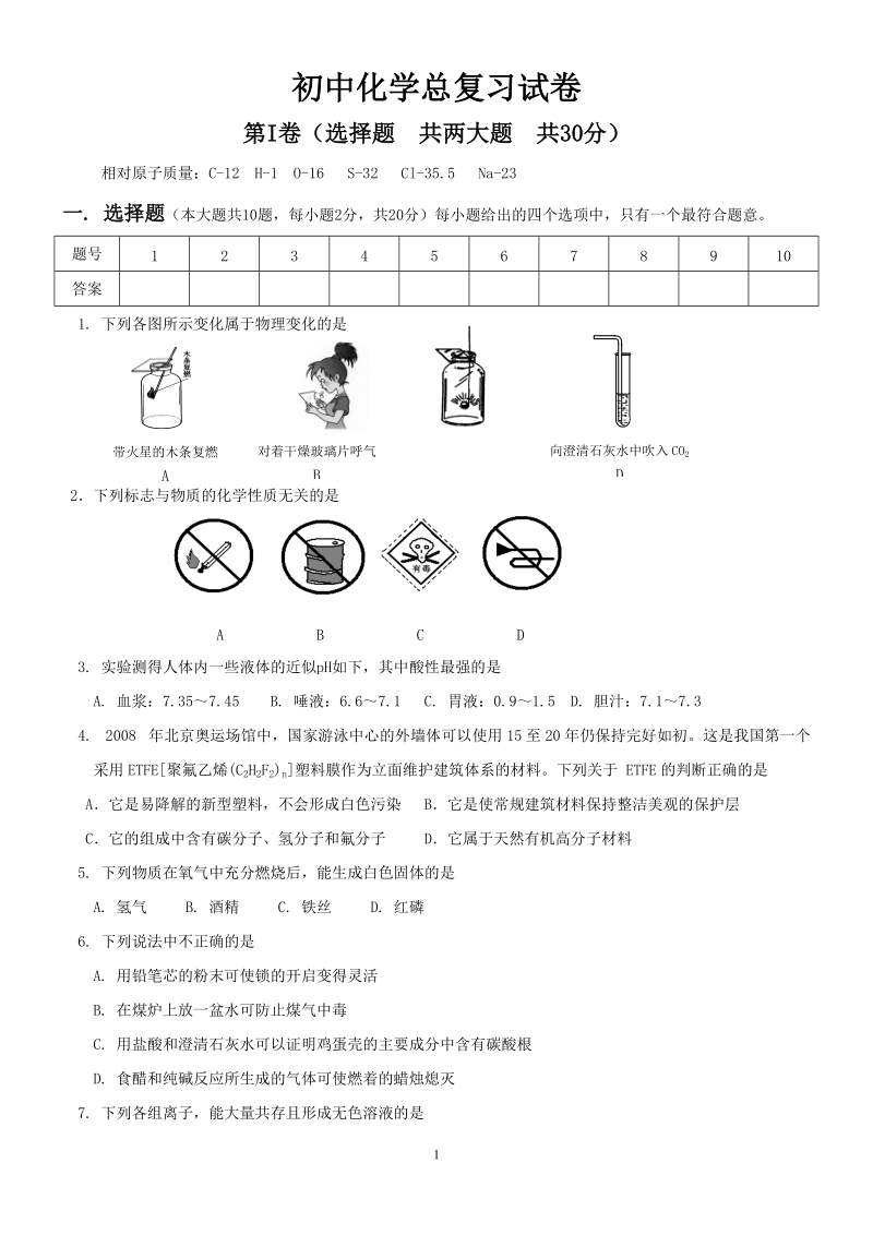 中考化学复习试卷(优).doc_第1页