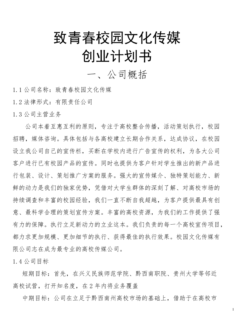 致青春校园文化传媒公司创业计划书.doc_第1页