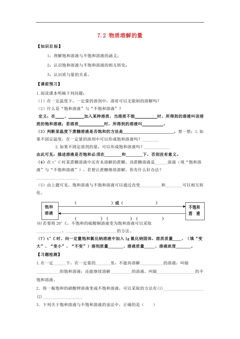 内蒙古鄂尔多斯市东胜区2018年九年级化学下册7.2物质溶解的量学案（无答案）（新版）粤教版.doc_第1页