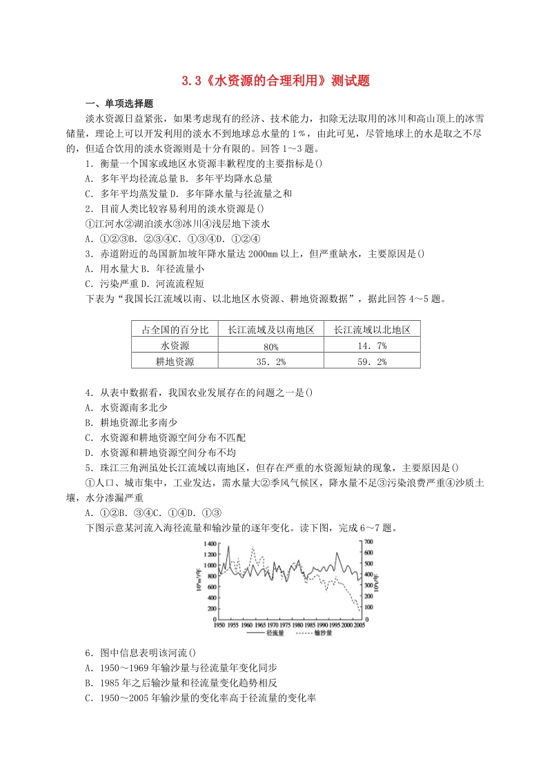 2015年【人教版】高中地理必修一：3.3《水资源的合理利用》测试题（含答案）.doc_第1页