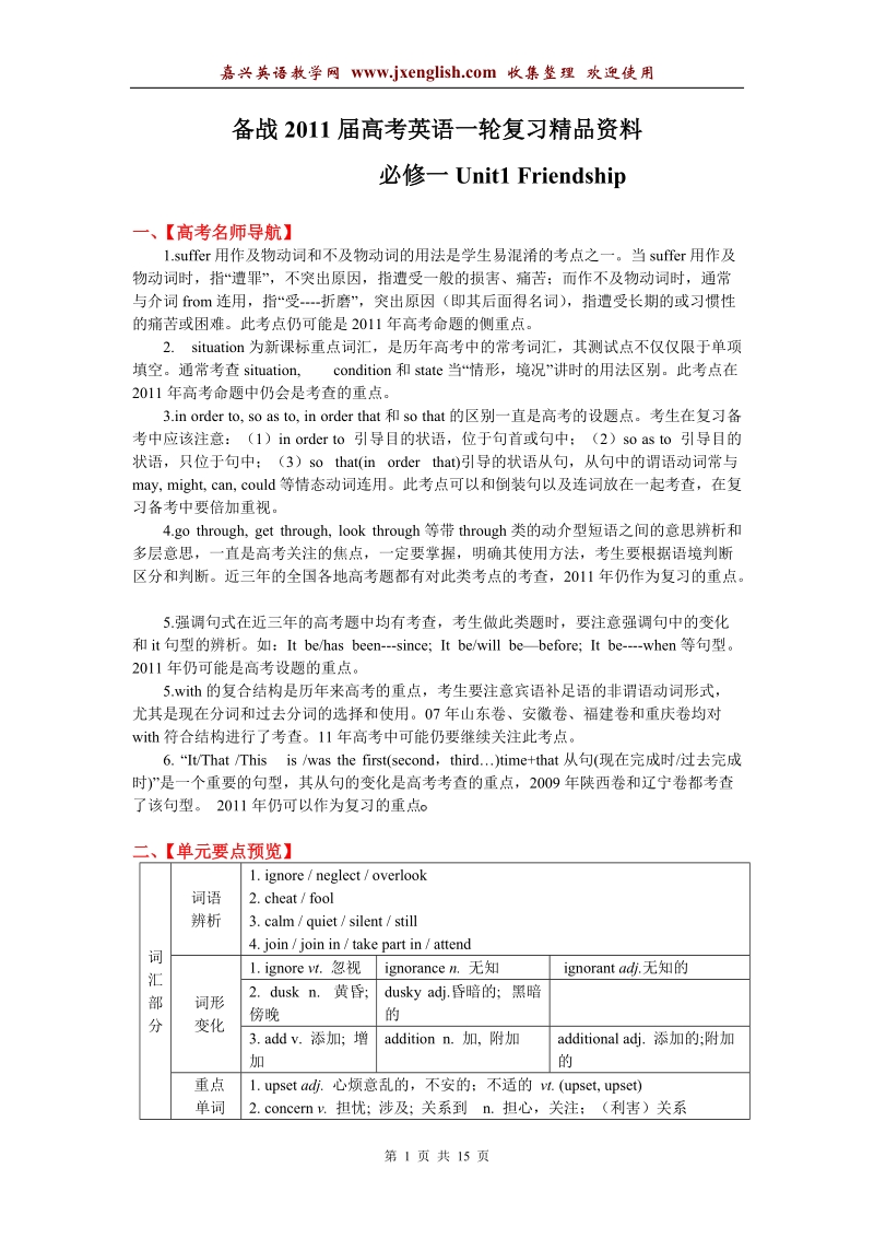 高考英语第一轮复习精品资料_必修一_unit_1.doc_第1页