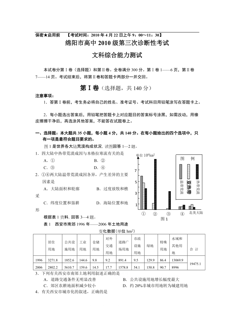 四川省绵阳市高三第三次诊断性考试文综卷.doc_第1页