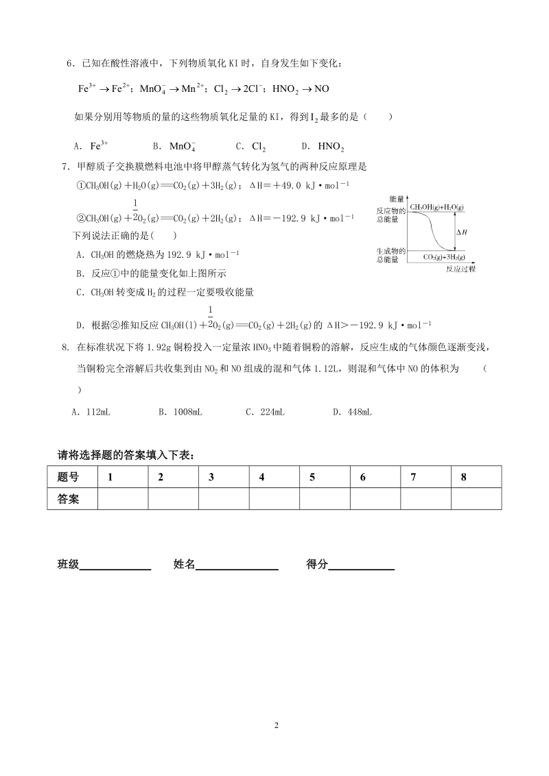 高考化学第一轮总复习试卷1--化学反应及其能量变化.doc_第2页