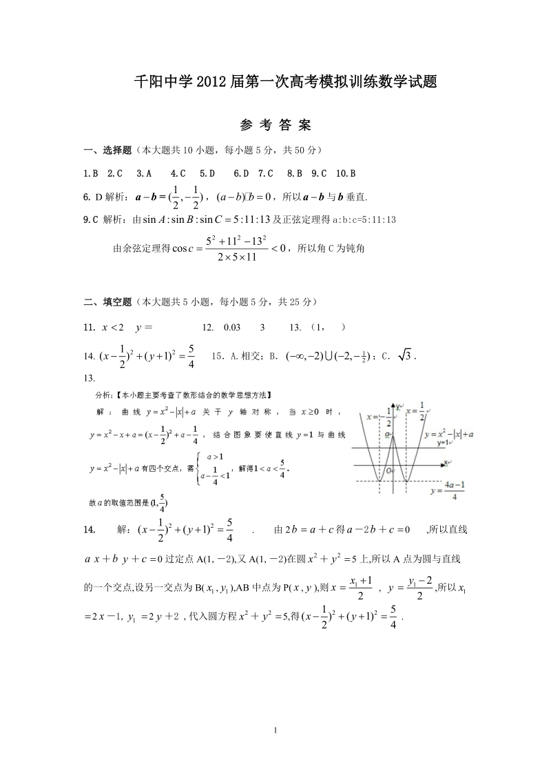 千阳中学2012届第一次高考模拟训练数学试题答案.doc_第1页