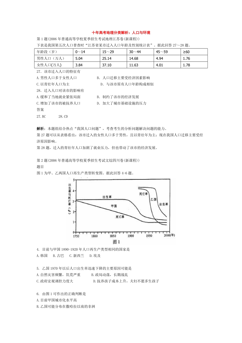 十年高考地理分类解析：人口与环境.doc_第1页